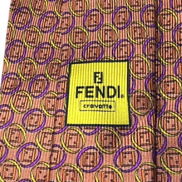 FENDI VINTAGE Copper With Gold and Purple Rings around Logo Print Silk Tie - Picture 6 of 15